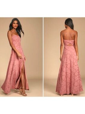 Lulu's Size Medium Dusty Rose Burnout Strapless Maxi Dress Summer Boho‎ Slit